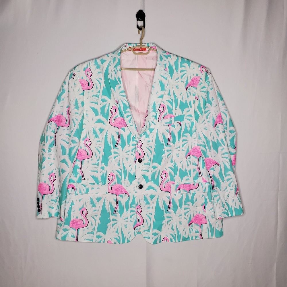 Shinesty Blazer Jacket Men 56 Tropical Flamingo Beach Resort Cruise Miami Coast